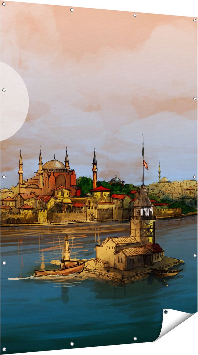 Gards Tuinposter Illustratie van de Maiden's Tower in Istanbul - 120x180 cm - Tuindoek - Tuindecoratie - Wanddecoratie buiten - Tuinschilderij Multikleur