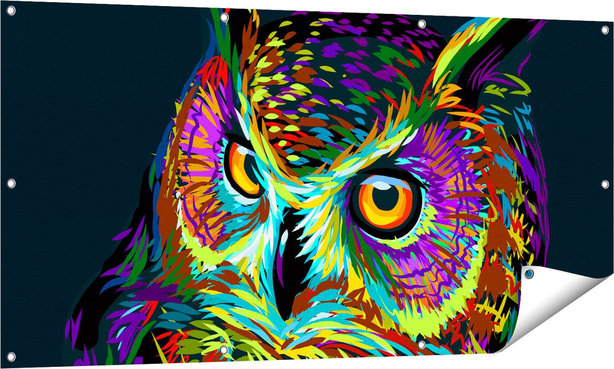 Gards Tuinposter Kleurrijke Uil - Abstract - 140x70 cm - Tuindoek - Tuindecoratie - Wanddecoratie buiten - Tuinschilderij Multikleur