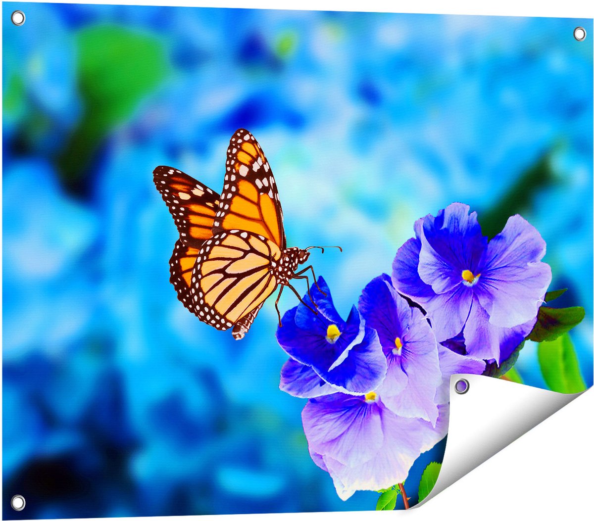 Gards Tuinposter Oranje Vlinder bij Paarse Bloemen - 80x60 cm - Tuindoek - Tuindecoratie - Wanddecoratie buiten - Tuinschilderij Multikleur