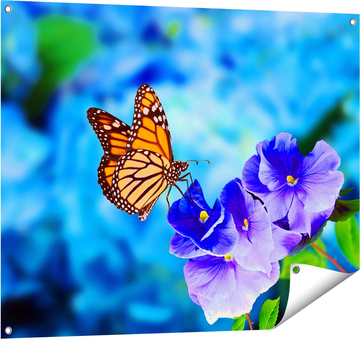 Gards Tuinposter Oranje Vlinder bij Paarse Bloemen - 100x80 cm - Tuindoek - Tuindecoratie - Wanddecoratie buiten - Tuinschilderij Multikleur