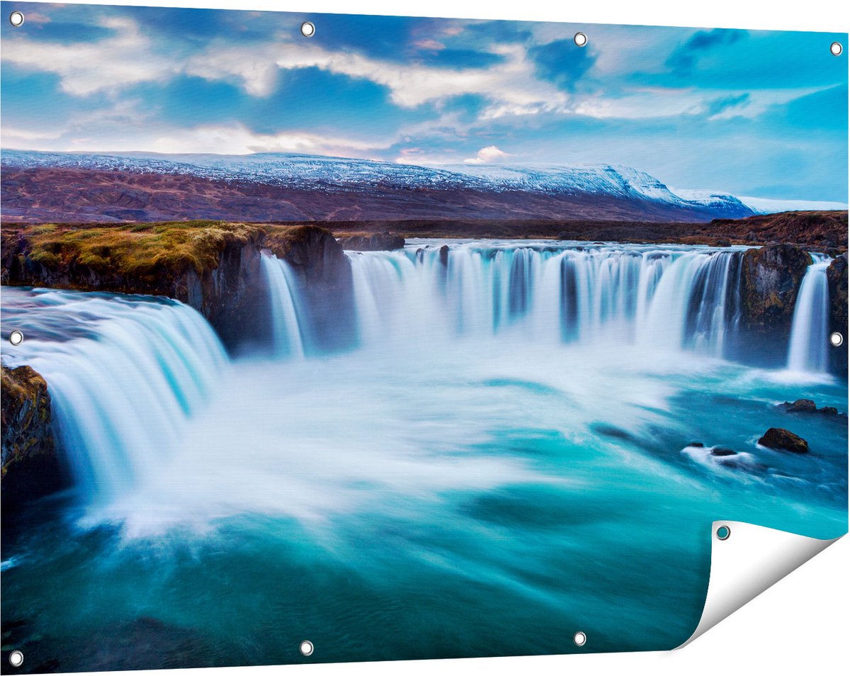 Gards Tuinposter Watervallen in het Blauw Groene Water - 120x80 cm - Tuindoek - Tuindecoratie - Wanddecoratie buiten - Tuinschilderij Multikleur