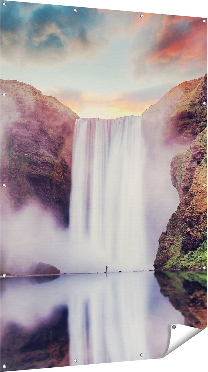 Gards Tuinposter Waterval met een Weerspiegeling in het Water - 120x180 cm - Tuindoek - Tuindecoratie - Wanddecoratie buiten - Tuinschilderij Multikleur