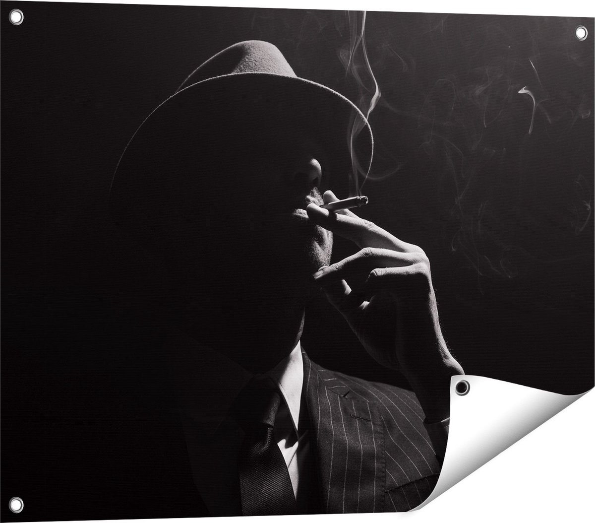 Gards Tuinposter Man met Hoed Rookt een Sigaar - 80x60 cm - Tuindoek - Tuindecoratie - Wanddecoratie buiten - Tuinschilderij Multikleur