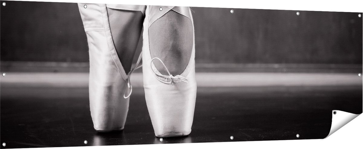 Gards Tuinposter Ballet Schoenen van een Ballerina - Zwart Wit - 210x70 cm - Tuindoek - Tuindecoratie - Wanddecoratie buiten - Tuinschilderij Multikleur