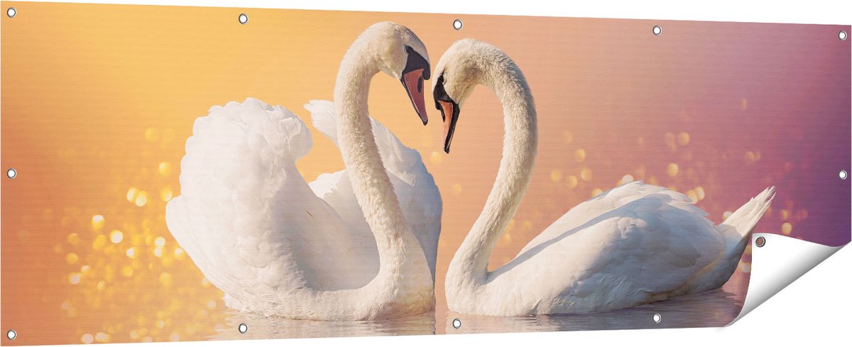 Gards Tuinposter Zwanen Koppel in een Hart Vorm - 180x60 cm - Tuindoek - Tuindecoratie - Wanddecoratie buiten - Tuinschilderij Multikleur