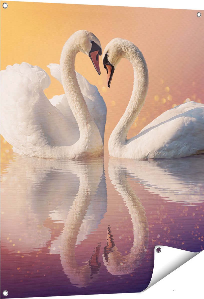 Gards Tuinposter Zwanen Koppel in een Hart Vorm - 80x100 cm - Tuindoek - Tuindecoratie - Wanddecoratie buiten - Tuinschilderij Multikleur
