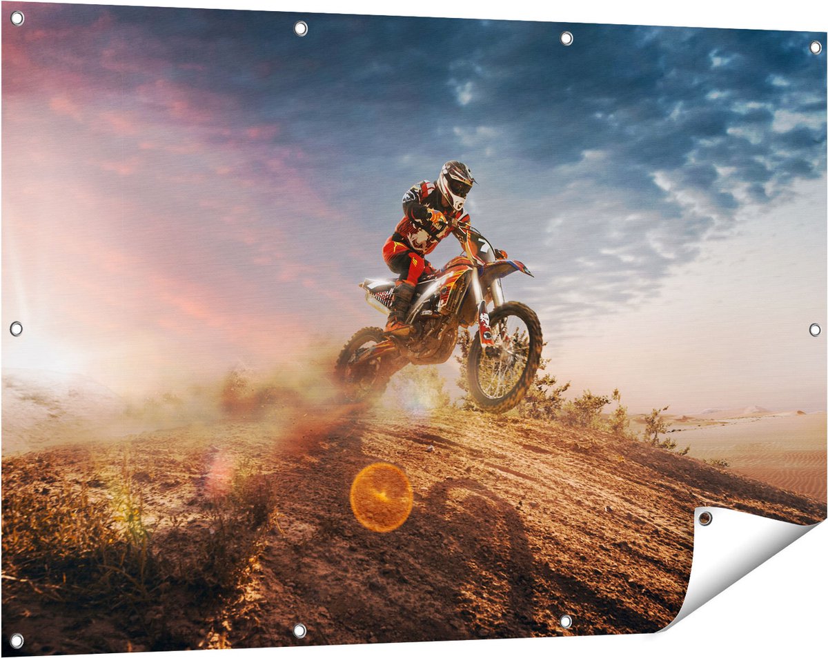 Gards Tuinposter Motorcross op een Heuvel bij Zonsondergang - 120x80 cm - Tuindoek - Tuindecoratie - Wanddecoratie buiten - Tuinschilderij Multikleur