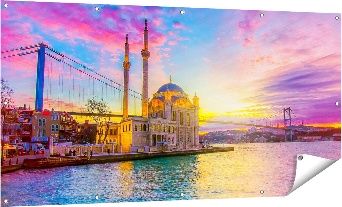 Gards Tuinposter Kleurrijke Ortakoy Moskee in Instanbul - 160x80 cm - Tuindoek - Tuindecoratie - Wanddecoratie buiten - Tuinschilderij Multikleur