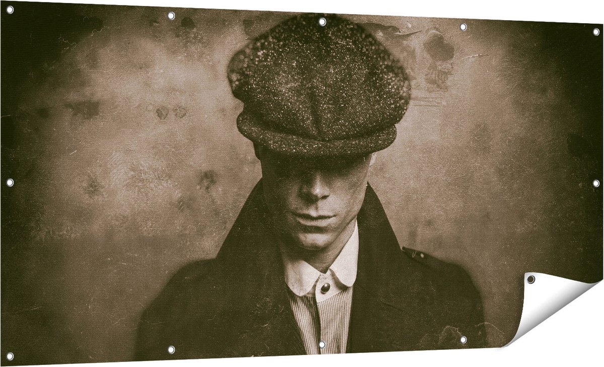 Gards Tuinposter Engelse Gangster uit Jaren 1920 - Zwart Wit - 160x80 cm - Tuindoek - Tuindecoratie - Wanddecoratie buiten - Tuinschilderij Multikleur