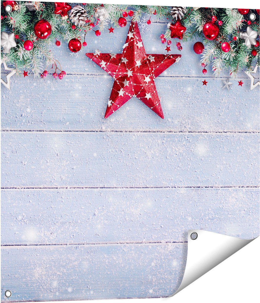 Gards Tuinposter Kerst Achtergrond met Sneeuw op Tafel - 70x70 cm - Tuindoek - Tuindecoratie - Wanddecoratie buiten - Tuinschilderij Multikleur