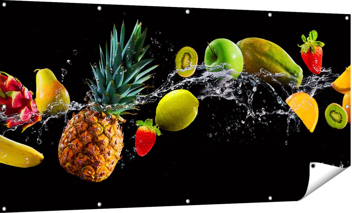 Gards Tuinposter Fruit met Water op Zwart Achtergrond - 180x90 cm - Tuindoek - Tuindecoratie - Wanddecoratie buiten - Tuinschilderij Multikleur