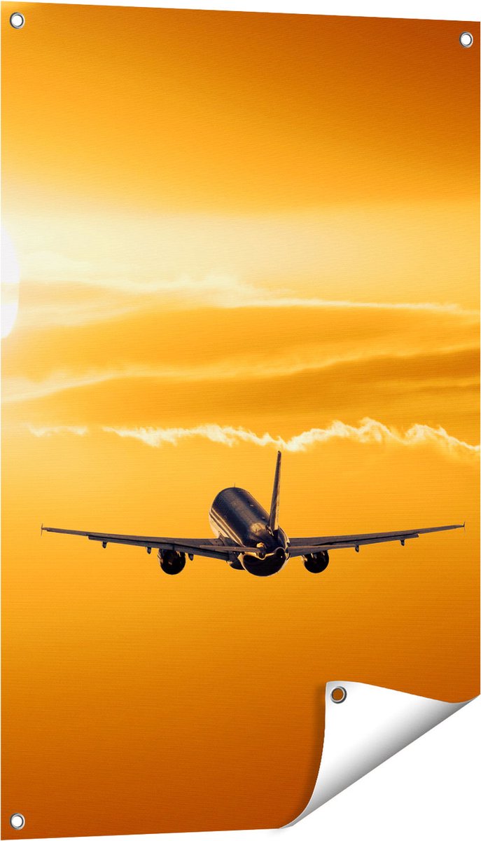Gards Tuinposter Vliegtuig bij Zonsondergang - 60x90 cm - Tuindoek - Tuindecoratie - Wanddecoratie buiten - Tuinschilderij Multikleur