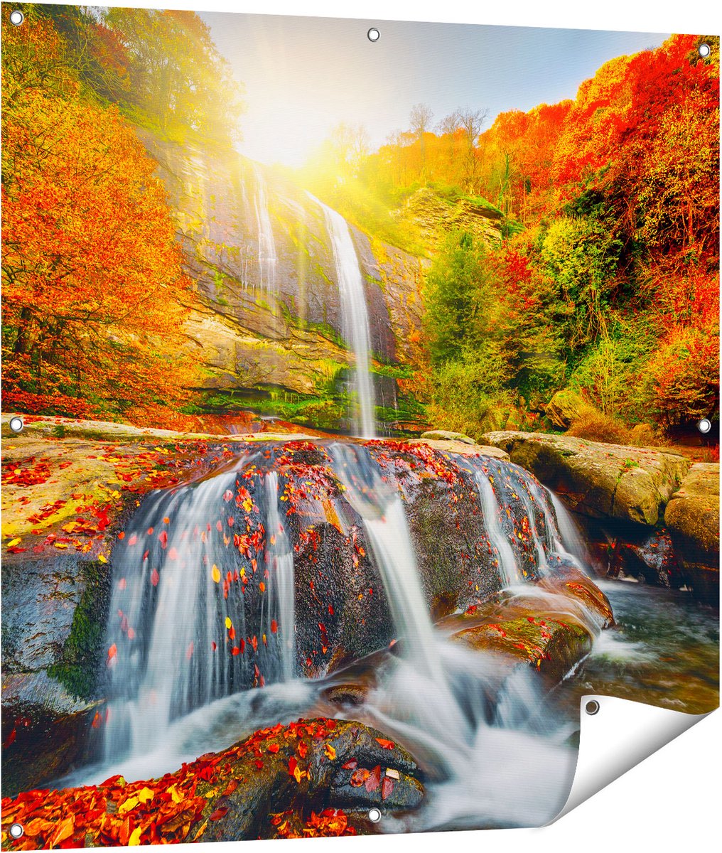 Gards Tuinposter Waterval in de Herfst Kleuren - 100x100 cm - Tuindoek - Tuindecoratie - Wanddecoratie buiten - Tuinschilderij Multikleur