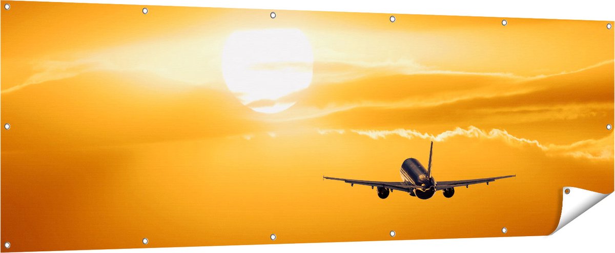 Gards Tuinposter Vliegtuig bij Zonsondergang - 210x70 cm - Tuindoek - Tuindecoratie - Wanddecoratie buiten - Tuinschilderij Multikleur
