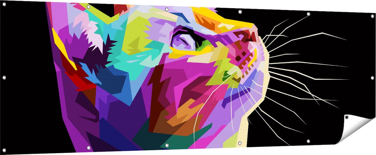 Gards Tuinposter Kleurrijke Kat Kijkt naar Boven - Abstract - 210x70 cm - Tuindoek - Tuindecoratie - Wanddecoratie buiten - Tuinschilderij Multikleur