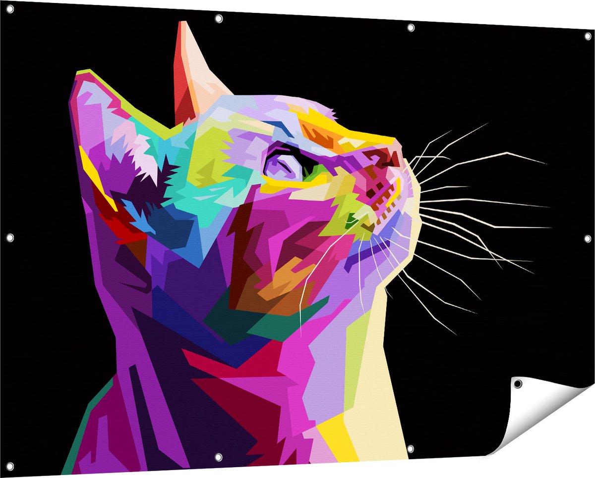 Gards Tuinposter Kleurrijke Kat Kijkt naar Boven - Abstract - 150x100 cm - Tuindoek - Tuindecoratie - Wanddecoratie buiten - Tuinschilderij Multikleur