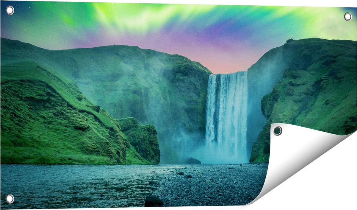 Gards Tuinposter Waterval met het Groene Noorderlicht - 80x40 cm - Tuindoek - Tuindecoratie - Wanddecoratie buiten - Tuinschilderij Multikleur