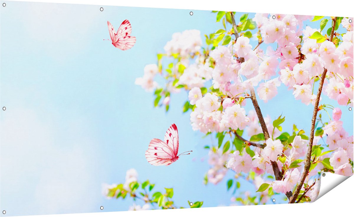 Gards Tuinposter Twee Roze Vlinders bij Roze Bloesem Bloemen - 200x100 cm - Tuindoek - Tuindecoratie - Wanddecoratie buiten - Tuinschilderij Multikleur