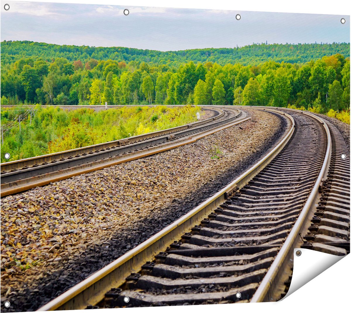 Gards Tuinposter Rails Spoorwegen in een Bocht - 120x90 cm - Tuindoek - Tuindecoratie - Wanddecoratie buiten - Tuinschilderij Multikleur