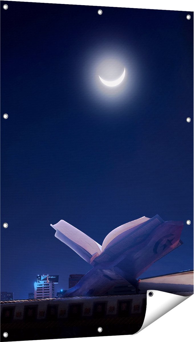 Gards Tuinposter Heilige Boek Koran bij een Halve Maan - 80x120 cm - Tuindoek - Tuindecoratie - Wanddecoratie buiten - Tuinschilderij Multikleur
