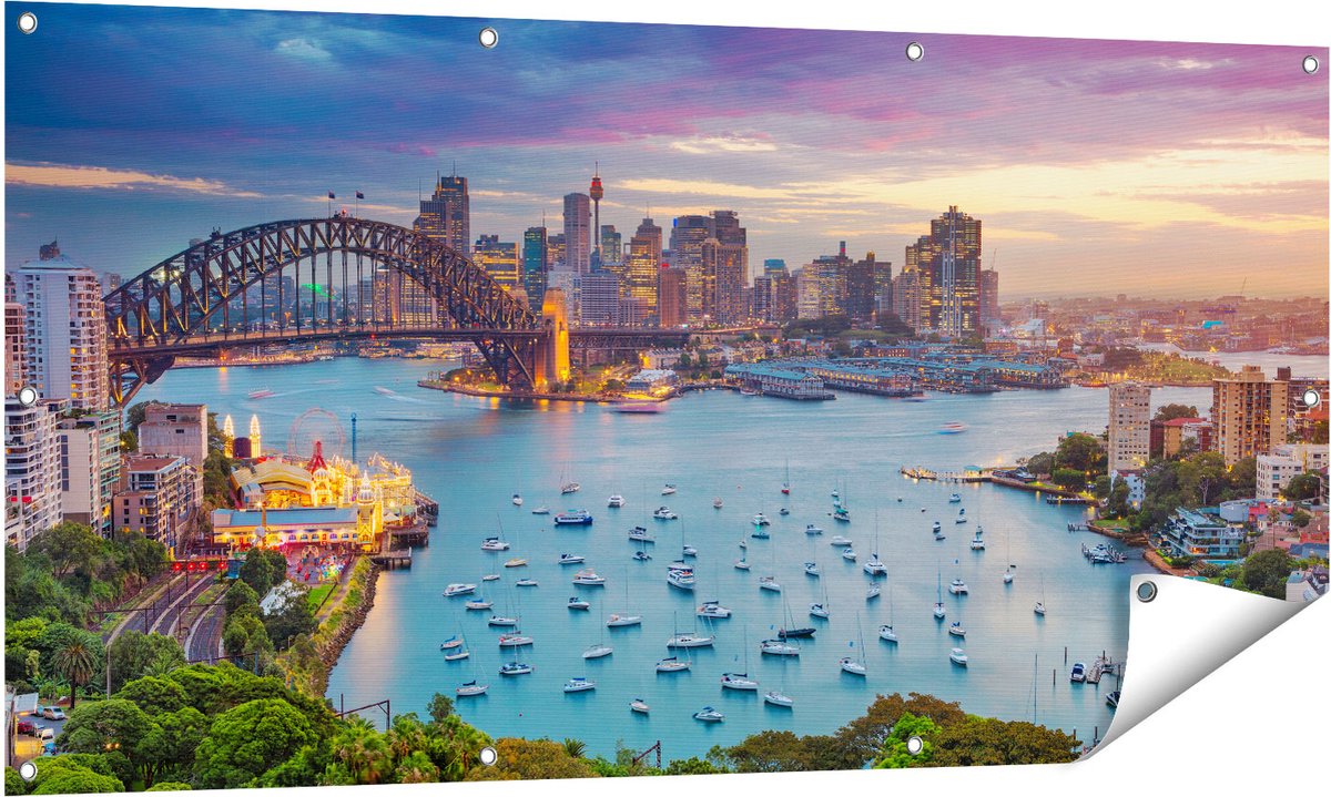 Gards Tuinposter Sydney Harbour Bridge in de Avond - 140x70 cm - Tuindoek - Tuindecoratie - Wanddecoratie buiten - Tuinschilderij Multikleur