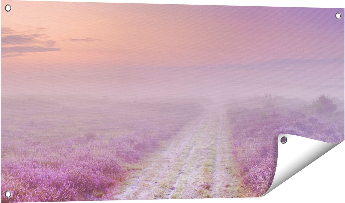 Gards Tuinposter Pad in de Weide tijdens de Mist - 100x50 cm - Tuindoek - Tuindecoratie - Wanddecoratie buiten - Tuinschilderij Multikleur