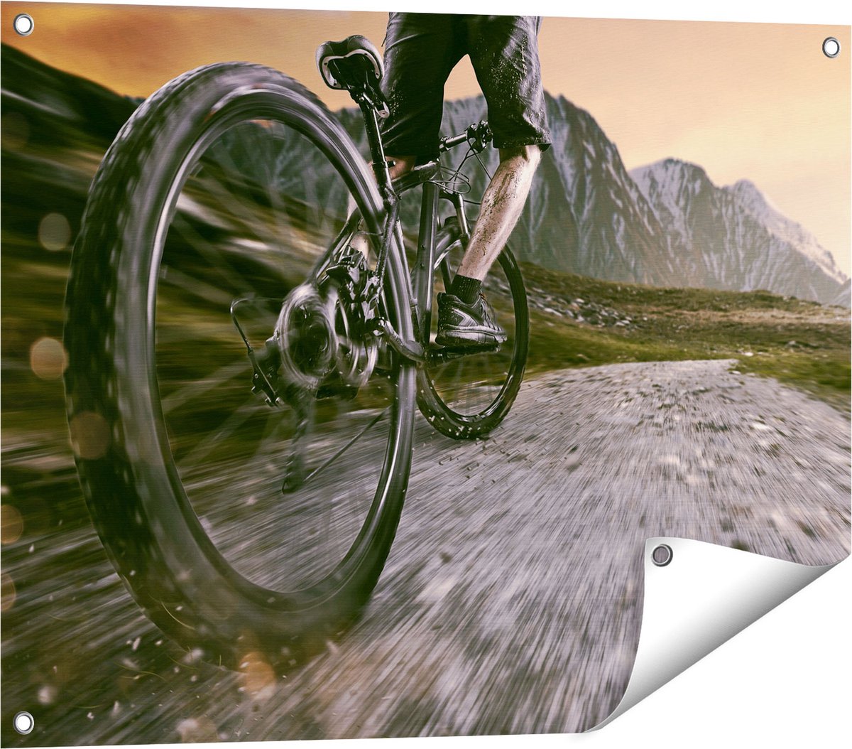 Gards Tuinposter Moutainbike Fietser in de Bergen - 80x60 cm - Tuindoek - Tuindecoratie - Wanddecoratie buiten - Tuinschilderij Multikleur