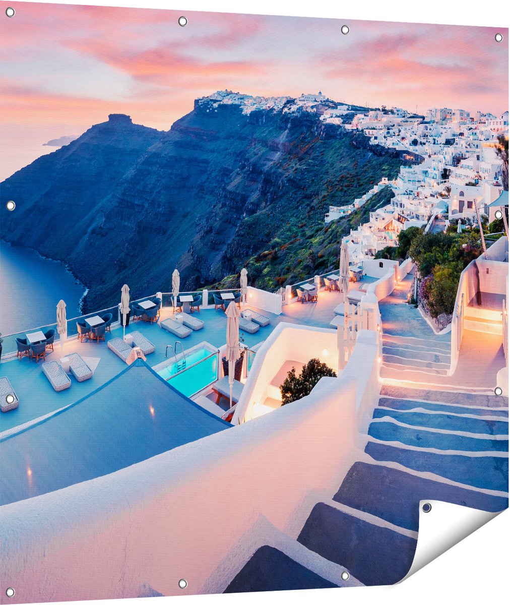 Gards Tuinposter Luxe Huisjes aan de Kust in Fira, Griekenland - 110x110 cm - Tuindoek - Tuindecoratie - Wanddecoratie buiten - Tuinschilderij Multikleur