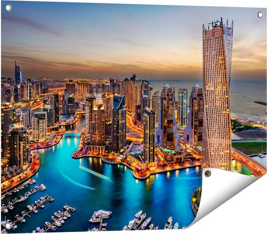 Gards Tuinposter Dubai Haven met de Stad - 80x60 cm - Tuindoek - Tuindecoratie - Wanddecoratie buiten - Tuinschilderij