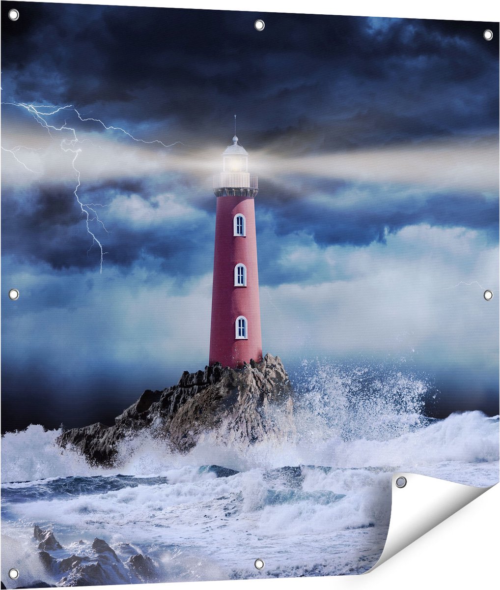 Gards Tuinposter Vuurtoren op een Storm Zee met Golfen Water - 90x90 cm - Tuindoek - Tuindecoratie - Wanddecoratie buiten - Tuinschilderij Multikleur