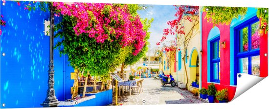 Gards Poster de jardin Rue colorée sur l'île de Kos, Grèce - 180x60 cm - Toile de jardin - Décoration de jardin - Décoration murale extérieure - Peinture de jardin