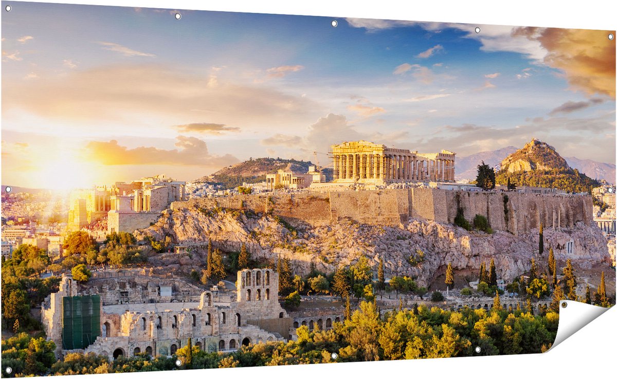 Gards Tuinposter Akropolis van Athene, Griekenland - Architectuur - 200x100 cm - Tuindoek - Tuindecoratie - Wanddecoratie buiten - Tuinschilderij Multikleur