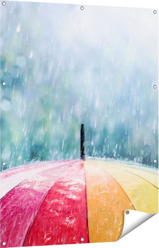 Gards Poster de jardin Parapluie arc-en-ciel avec pluie - 90x120 cm - Toile de jardin - Décoration de jardin - Décoration murale extérieure - Tableau de jardin