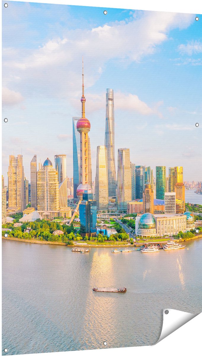 Gards Tuinposter Skyline Shanghai Stad in China - 100x150 cm - Tuindoek - Tuindecoratie - Wanddecoratie buiten - Tuinschilderij Multikleur