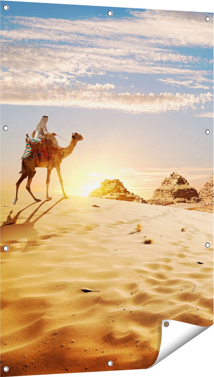 Gards Tuinposter Egyptische Piramides met een Kameel - 80x120 cm - Tuindoek - Tuindecoratie - Wanddecoratie buiten - Tuinschilderij Multikleur