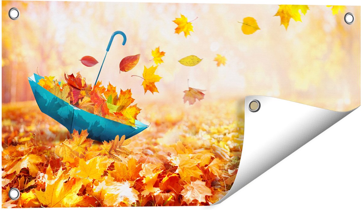 Gards Tuinposter Blauwe Paraplu in de Herfstbos met Bladeren - 60x30 cm - Tuindoek - Tuindecoratie - Wanddecoratie buiten - Tuinschilderij Multikleur