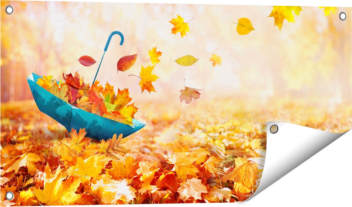 Gards Tuinposter Blauwe Paraplu in de Herfstbos met Bladeren - 80x40 cm - Tuindoek - Tuindecoratie - Wanddecoratie buiten - Tuinschilderij Multikleur