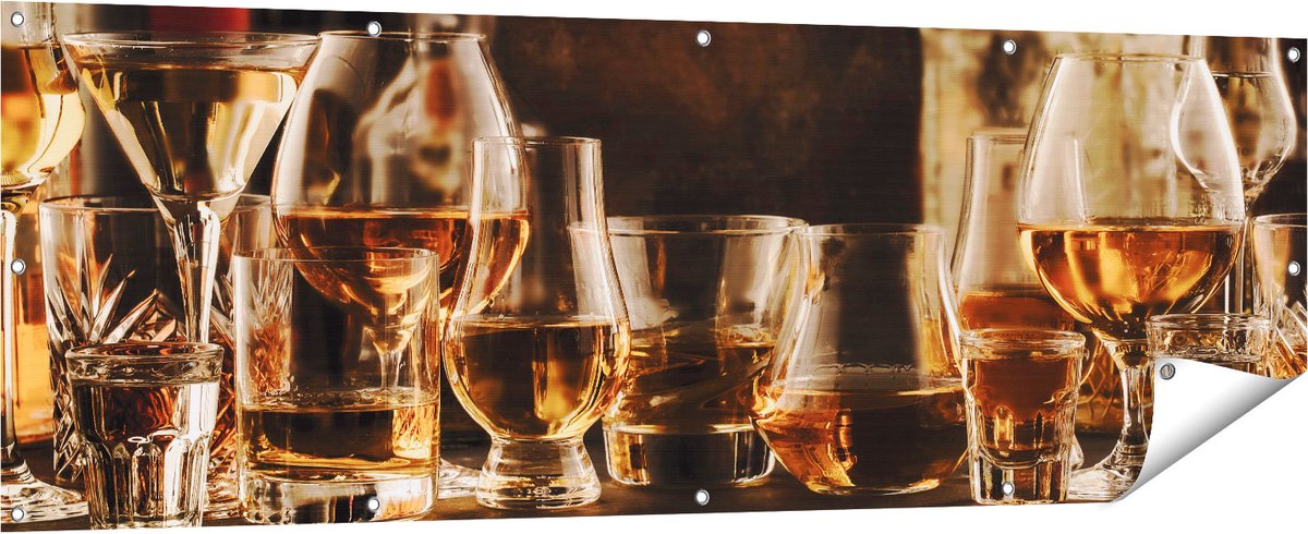 Gards Tuinposter Glazen met Sterke Drank - Flessen - 180x60 cm - Tuindoek - Tuindecoratie - Wanddecoratie buiten - Tuinschilderij Multikleur