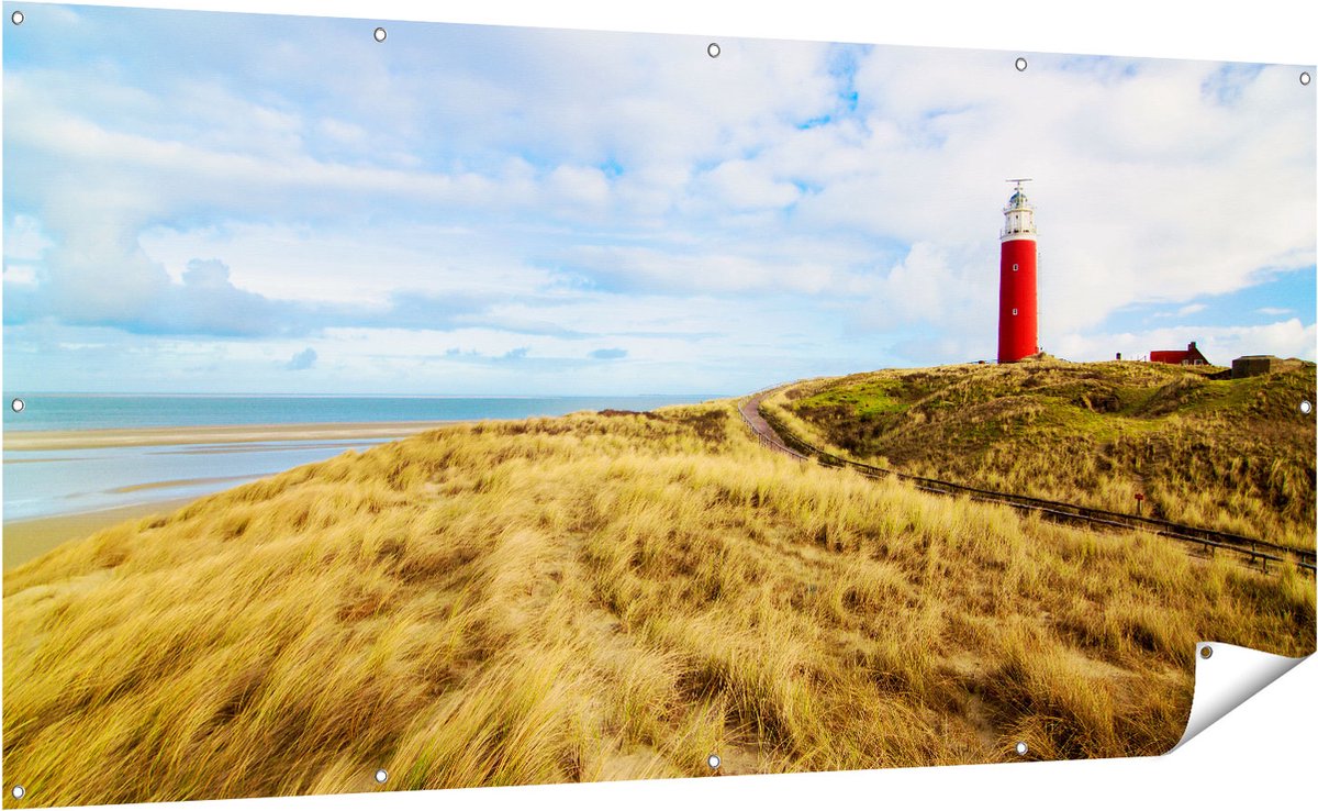 Gards Tuinposter Vuurtoren met Duinen in Texel - 200x100 cm - Tuindoek - Tuindecoratie - Wanddecoratie buiten - Tuinschilderij Multikleur