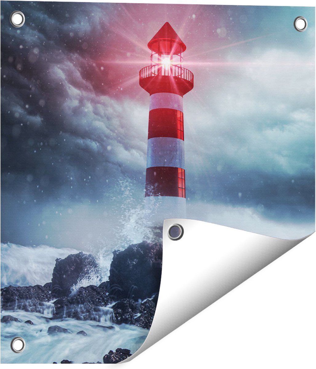Gards Tuinposter Vuurtoren tijdens een Storm - 40x40 cm - Tuindoek - Tuindecoratie - Wanddecoratie buiten - Tuinschilderij Multikleur