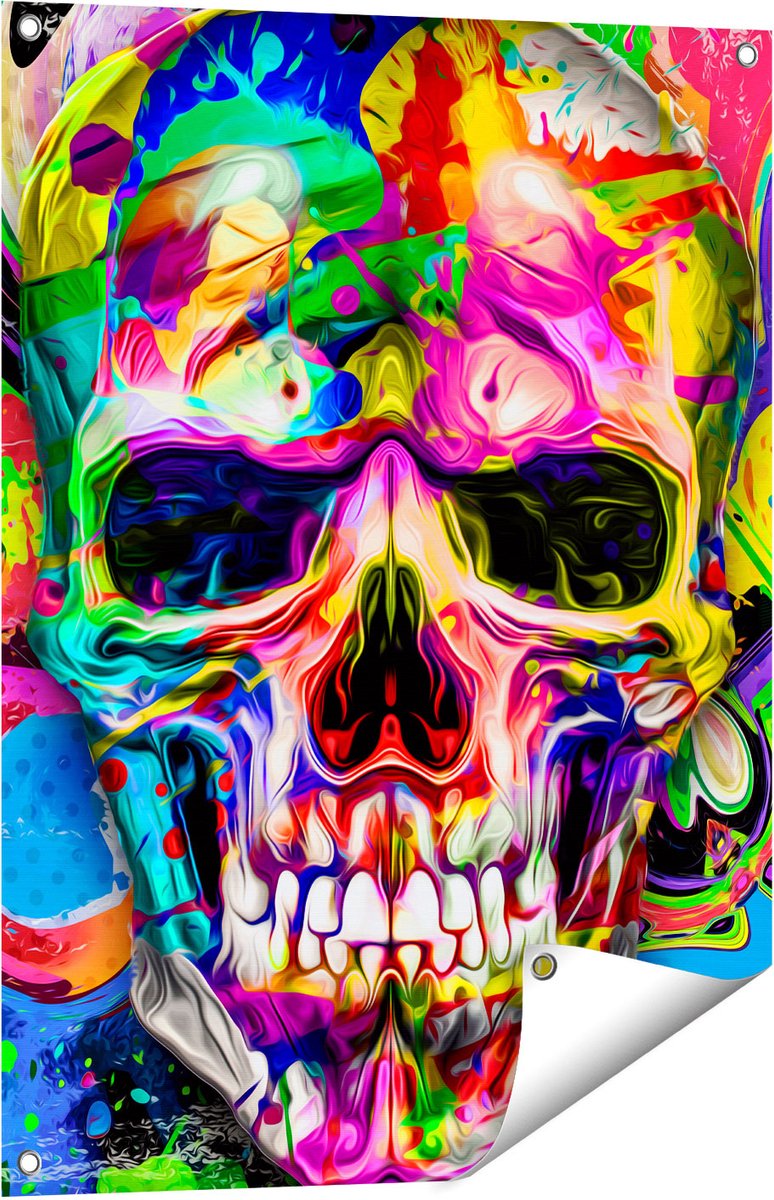 Gards Tuinposter Gekleurde Schedel - Doodskop - Doodshoofd - 60x80 cm - Tuindoek - Tuindecoratie - Wanddecoratie buiten - Tuinschilderij Multikleur