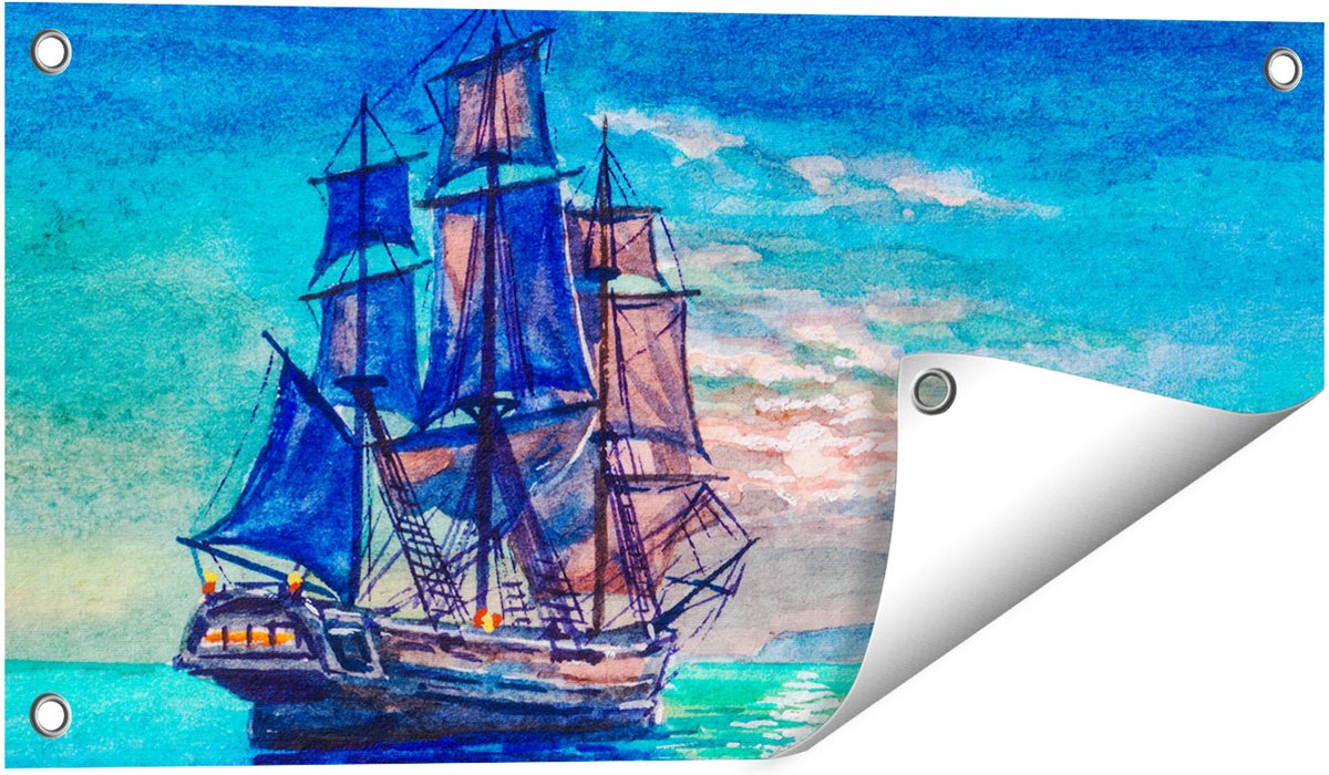 Gards Tuinposter Oude Piratenschip Zeilboot Getekend - 60x30 cm - Tuindoek - Tuindecoratie - Wanddecoratie buiten - Tuinschilderij Multikleur