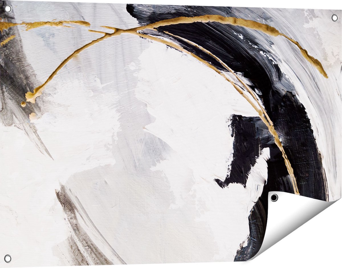 Gards Tuinposter Abstracte Kunst - Wit met Zwart en Goud - 90x60 cm - Tuindoek - Tuindecoratie - Wanddecoratie buiten - Tuinschilderij Multikleur