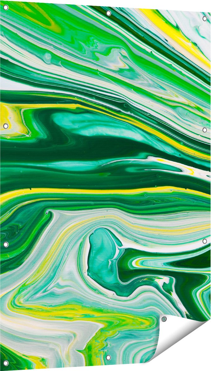 Gards Tuinposter Abstracte Kunst - Groen met Gele Verf - 80x120 cm - Tuindoek - Tuindecoratie - Wanddecoratie buiten - Tuinschilderij Multikleur