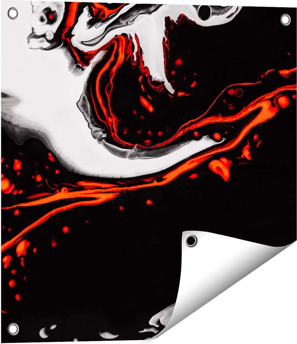 Gards Tuinposter Abstracte Kunst - Zwart en Wit met Rood - 50x50 cm - Tuindoek - Tuindecoratie - Wanddecoratie buiten - Tuinschilderij Multikleur