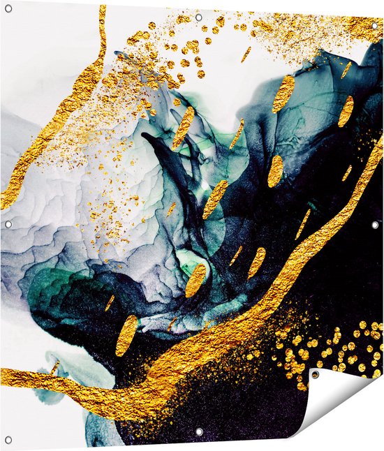 Gards Tuinposter Abstracte Kunst - Zwart Wit met Gouden Strepen - 100x100 cm - Tuindoek - Tuindecoratie - Wanddecoratie buiten - Tuinschilderij