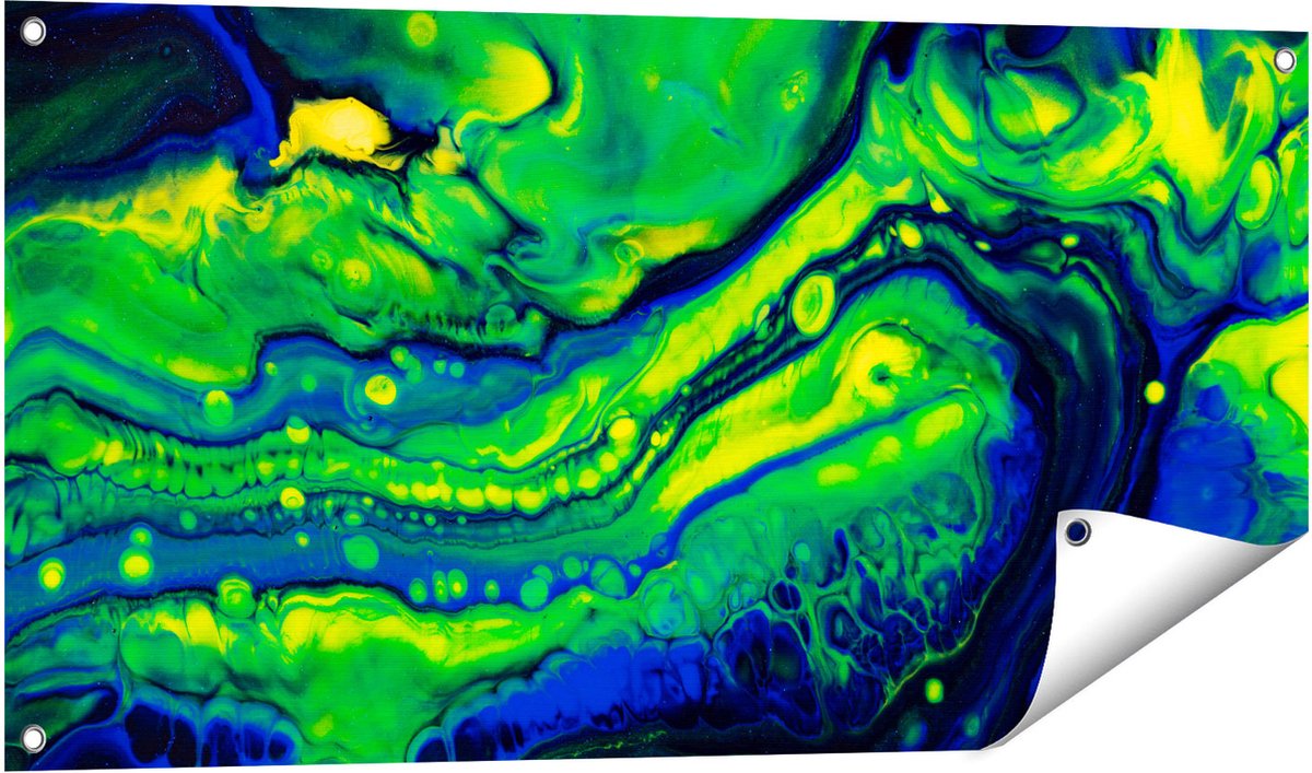 Gards Tuinposter Abstracte Kunst Blauw met Groen - 100x50 cm - Tuindoek - Tuindecoratie - Wanddecoratie buiten - Tuinschilderij Multikleur
