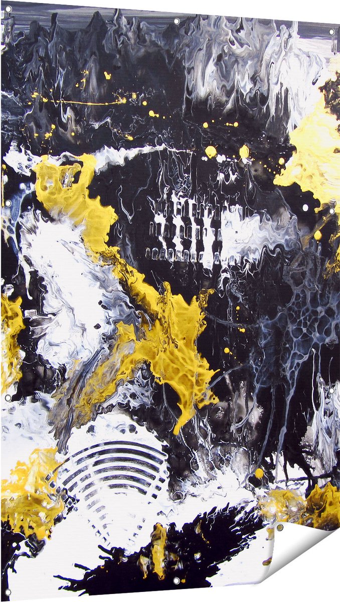 Gards Tuinposter Abstracte Kunst met Zwart, Wit en Goud - 100x150 cm - Tuindoek - Tuindecoratie - Wanddecoratie buiten - Tuinschilderij Multikleur