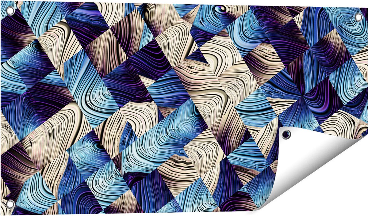 Gards Tuinposter Abstracte Kunst met Blauwe en Gouden Ruiten - 80x40 cm - Tuindoek - Tuindecoratie - Wanddecoratie buiten - Tuinschilderij Multikleur