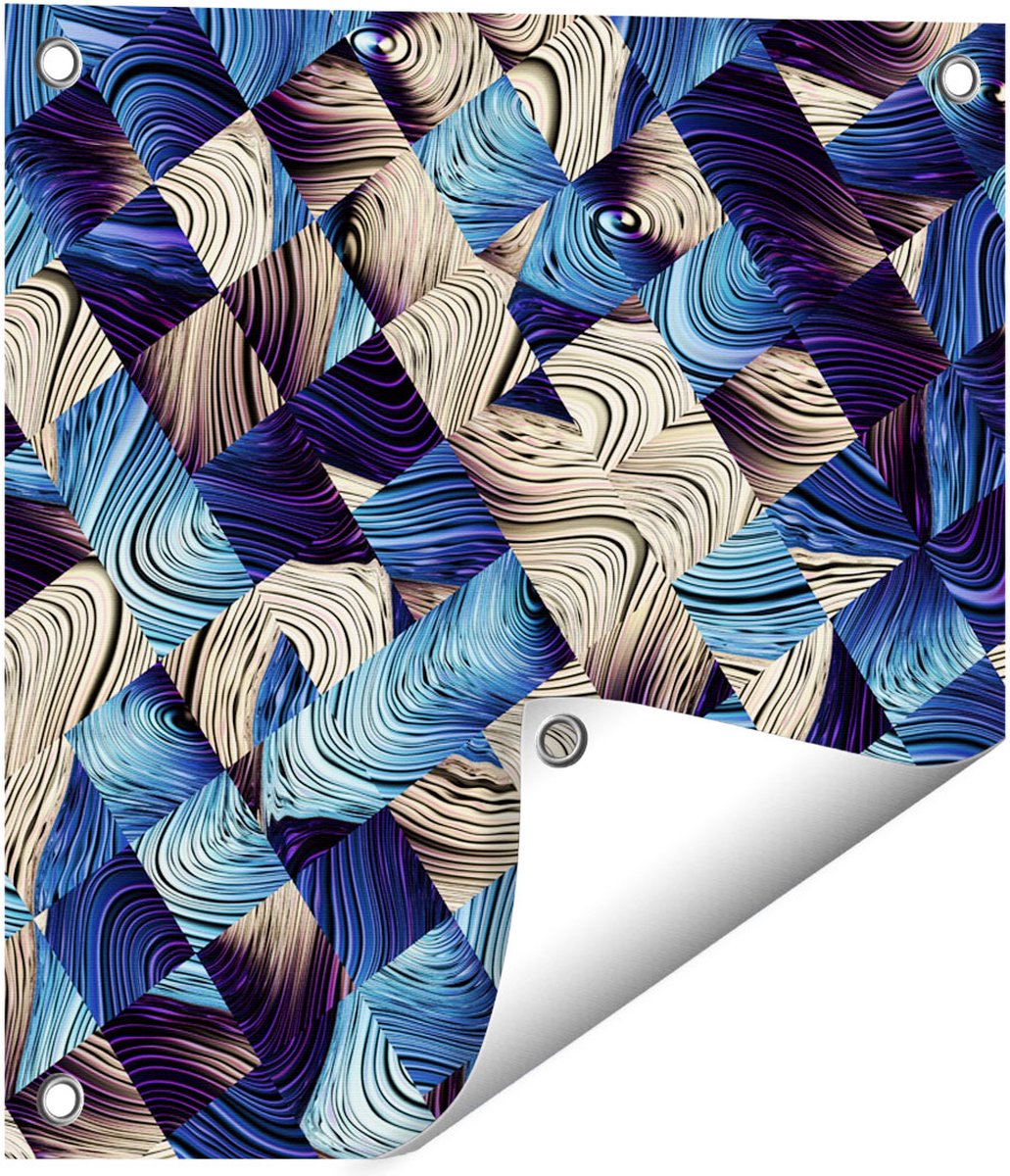 Gards Tuinposter Abstracte Kunst met Blauwe en Gouden Ruiten - 40x40 cm - Tuindoek - Tuindecoratie - Wanddecoratie buiten - Tuinschilderij Multikleur